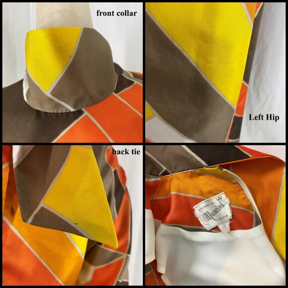 Vintage 1970s Maxi Dress Bold Geometric Print Orange Brown Neck Scarf - Picture 7 of 7